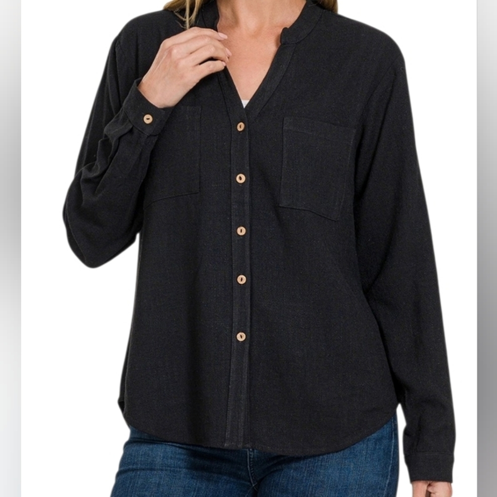 New Zenana Cotton Top Womens Size S L  Black Button Down Neutral Western